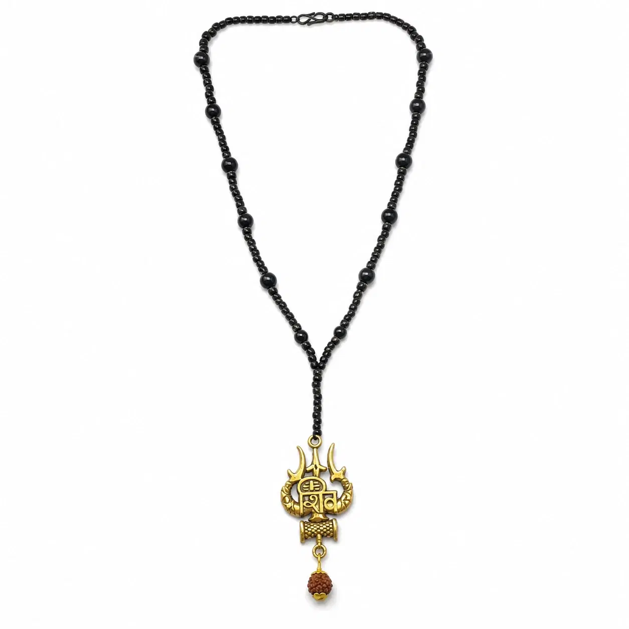 Black Beaded Trishul Shiv Pendant Necklace