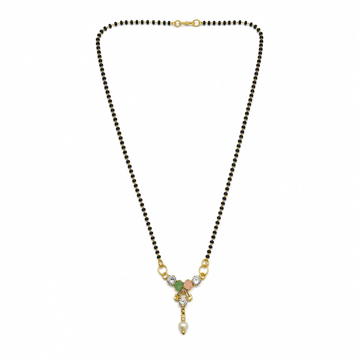 Gold-Toned Black Beaded Mangalsutra Necklace with Stone Pendant