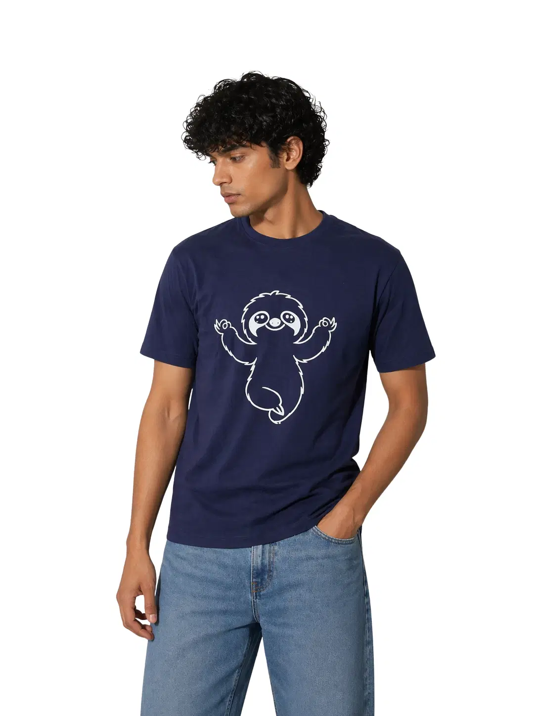 Men's Navy Blue Sloth Graphic Seamless T-Shirt