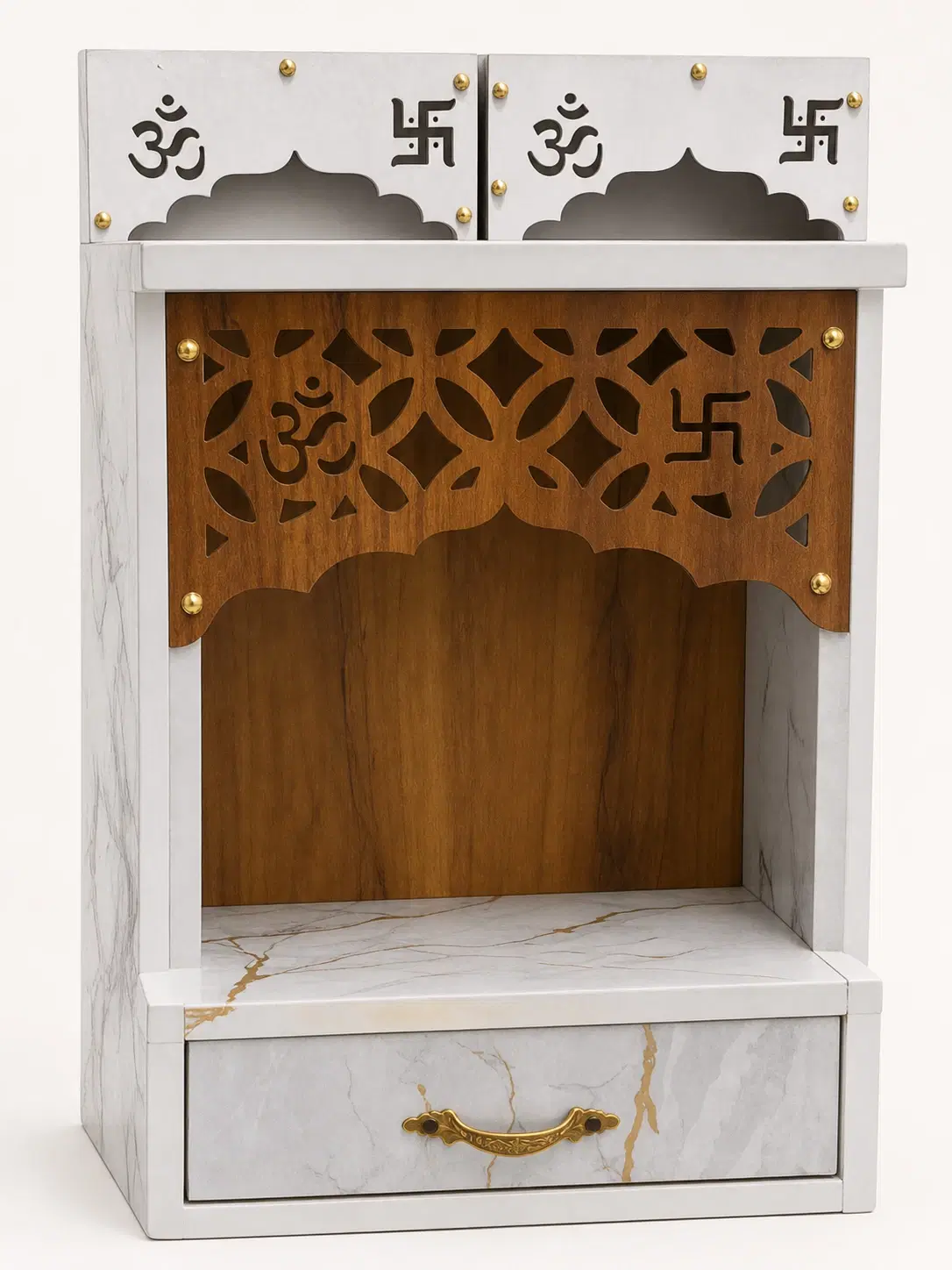 Wooden Home Temple with Drawer and Om Cutwork Design