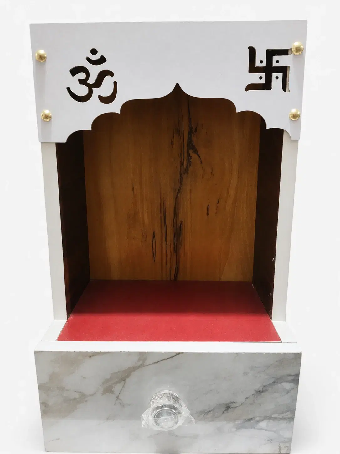 Wooden Home Mandir with Drawer and Om Swastik Design