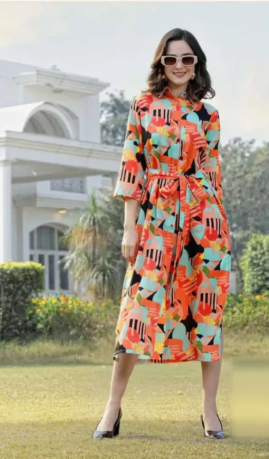Women’s Abstract Print Belted Midi Shirt Dress