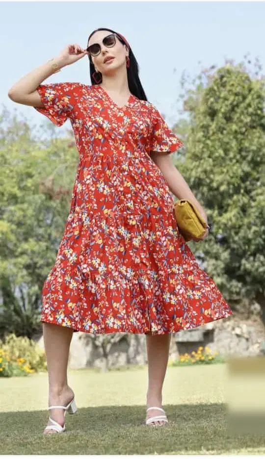 Women's Red Floral Print Midi Dress