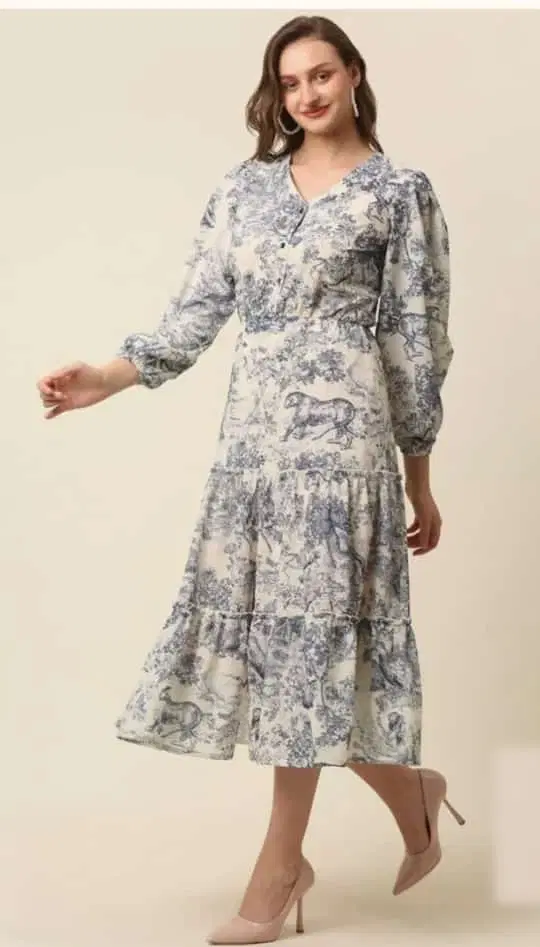 Women Blue & White Printed Tiered Midi Dress