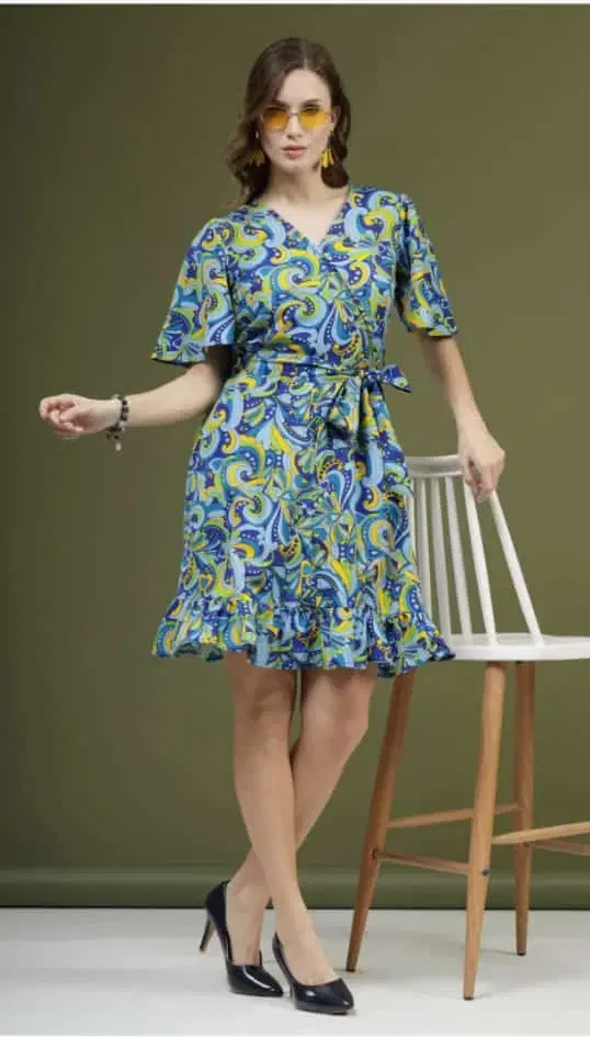 Women Blue Paisley Print Wrap Dress