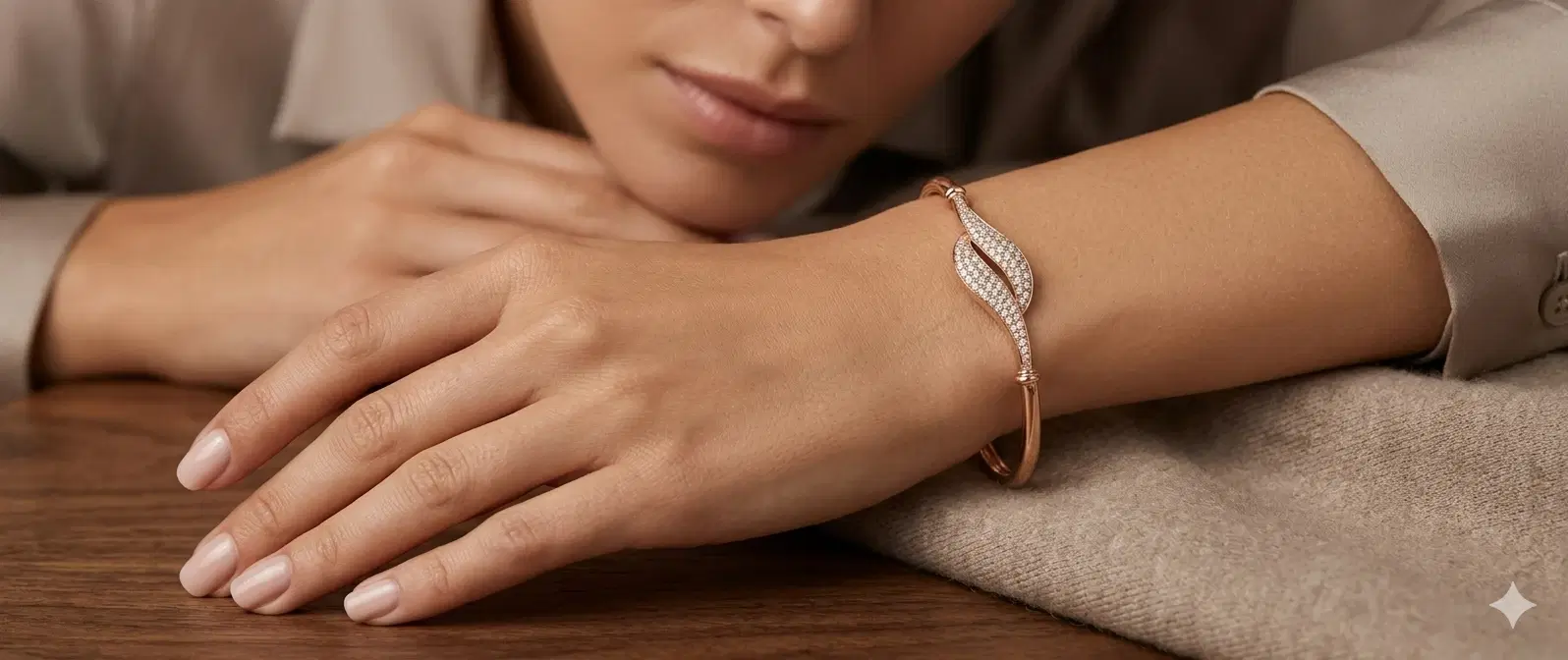 Rose Gold Plated Crystal Leaf Open Cuff Bracelet