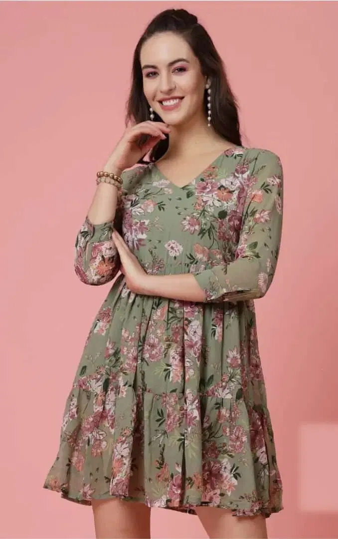 Women Sage Green Floral Print Fit & Flare Mini Dress