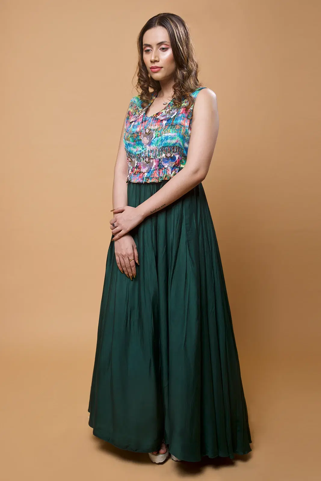 Women’s Sleeveless Printed Bodice Gown with Embellished Detail