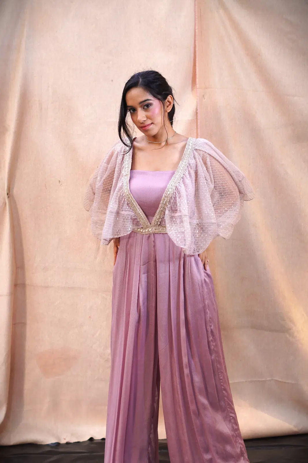 Women’s Mauve Embellished Cape Jumpsuit