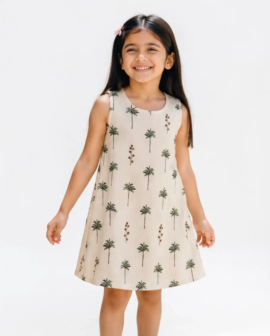 Girls Sleeveless Palm Tree Print A-Line Dress