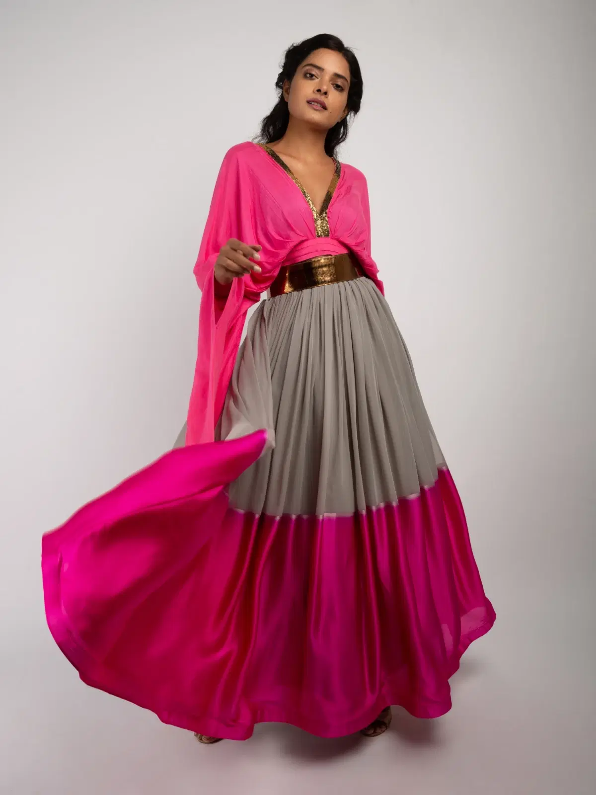 Women’s Pink & Grey Embellished Drape Top and Lehenga Set