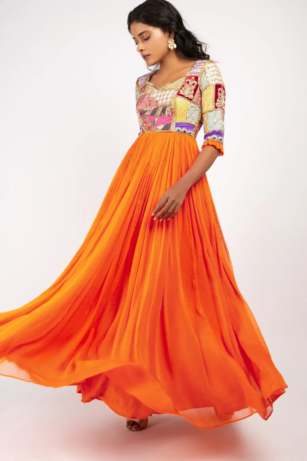 Women’s Orange Embroidered Wedding Wear Gown