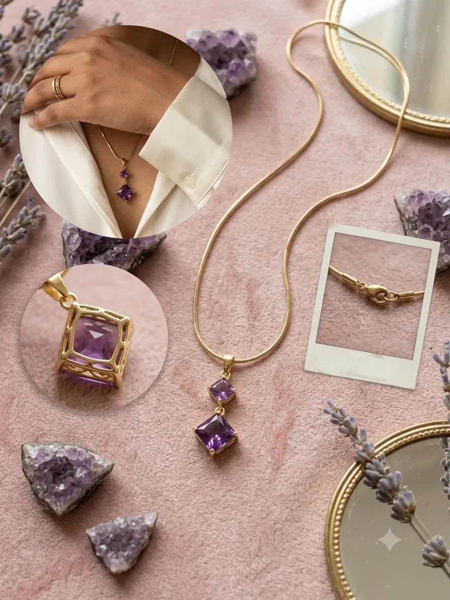 Gold-Tone Purple Gemstone Pendant Necklace