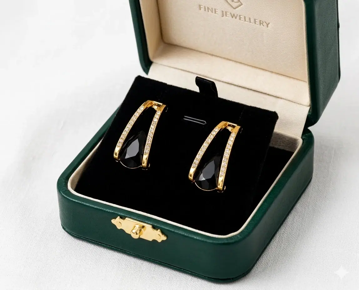 Gold-Tone Crystal Hoop Earrings with Black Stone Detail