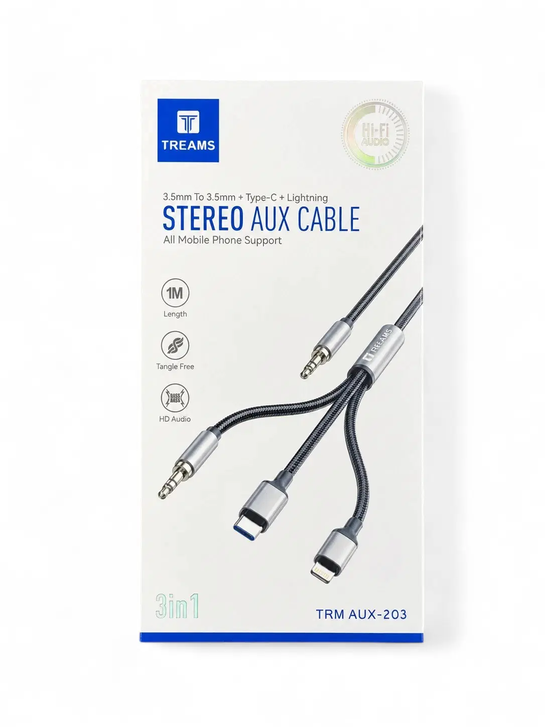 Treams 3-in-1 Stereo AUX Cable 1m with 3.5mm, Type-C and Lightning