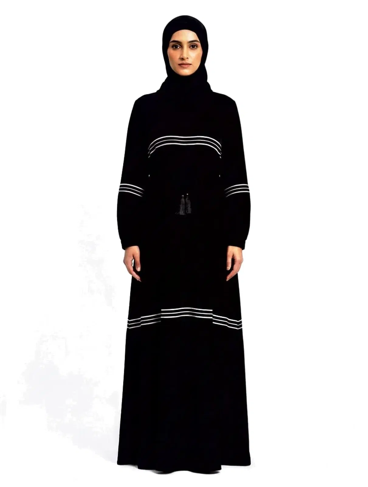 Woman wearing a black full-length abaya dress with white stripe details and a matching hijab
