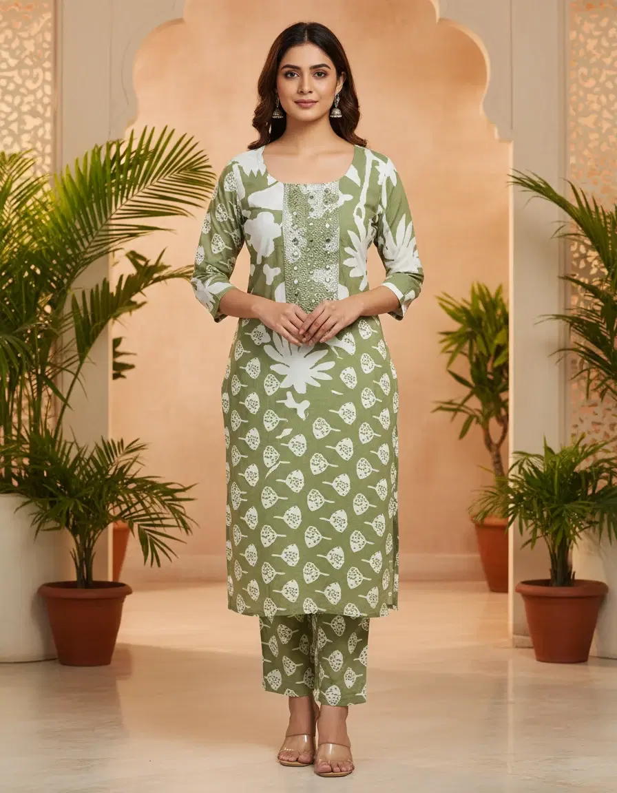 Women Green Printed Kurta with Palazzo Set