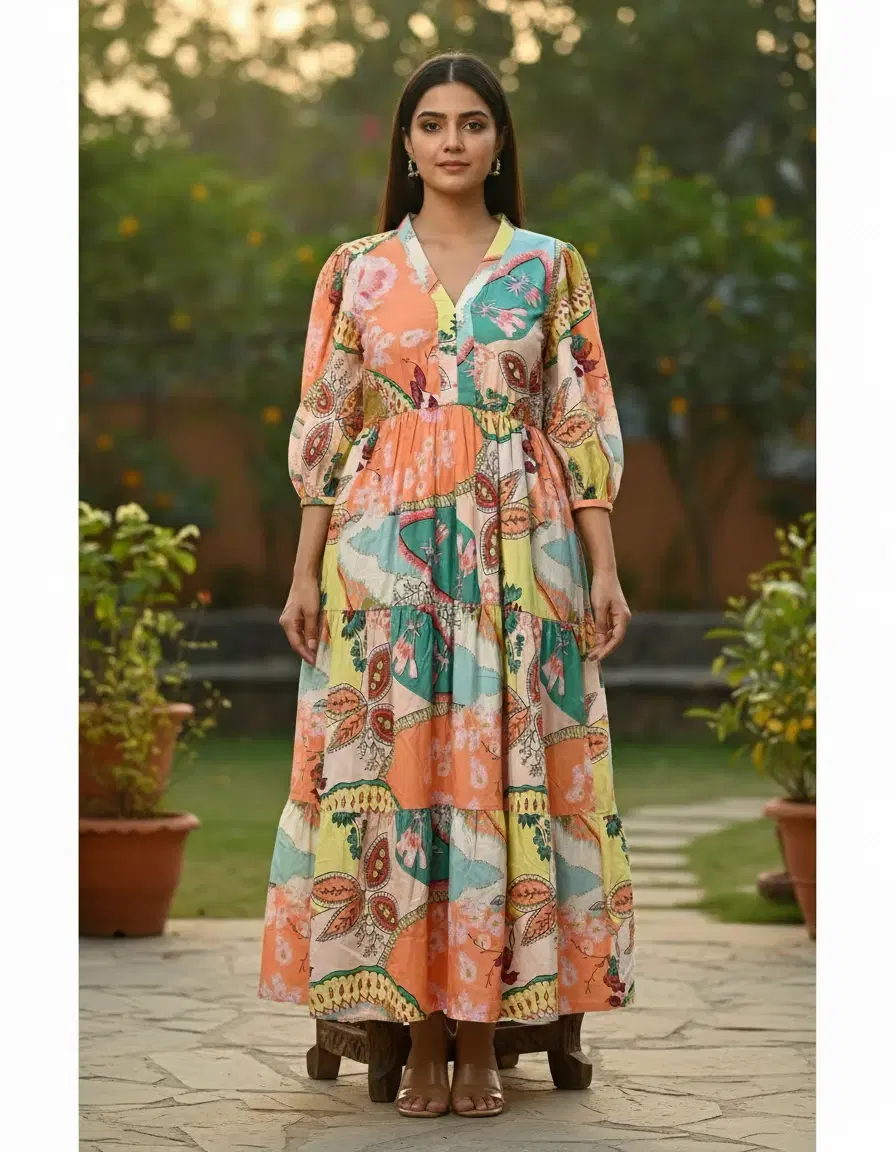 Woman wearing a multicolor printed tiered maxi dress with V-neck and three-quarter puff sleeves