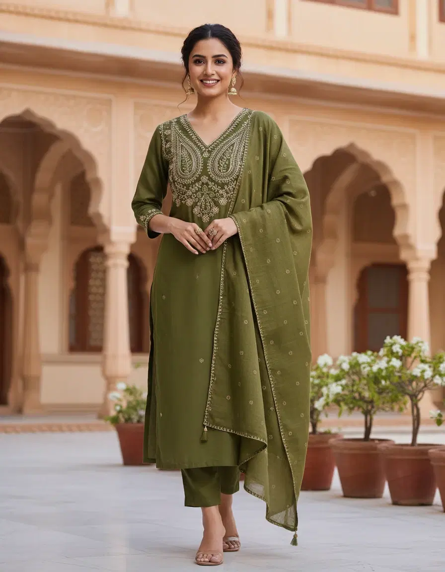 Women's Olive Green Embroidered Kurta Set with Dupatta