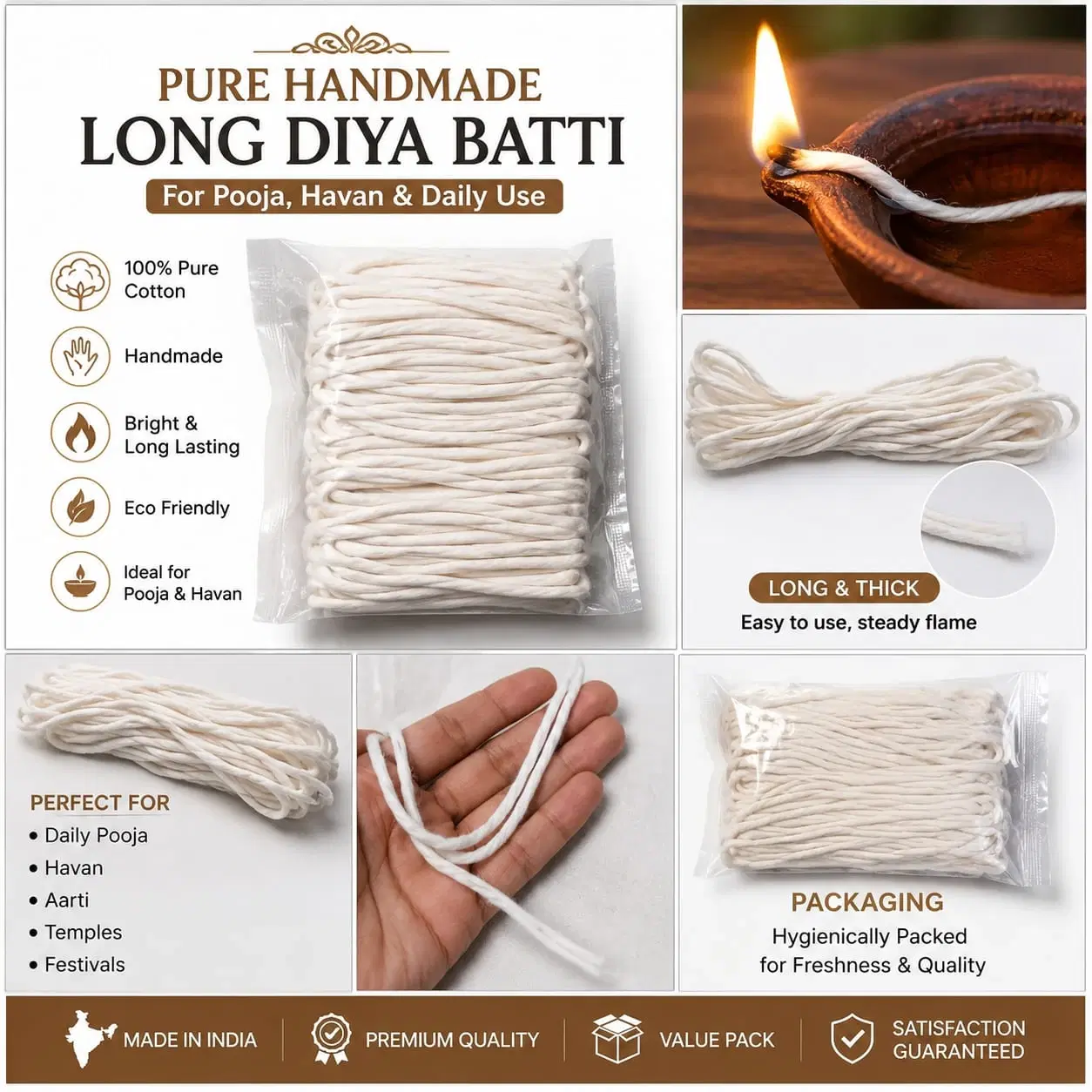 Pure Handmade Long Diya Batti Cotton Wicks for Pooja & Havan