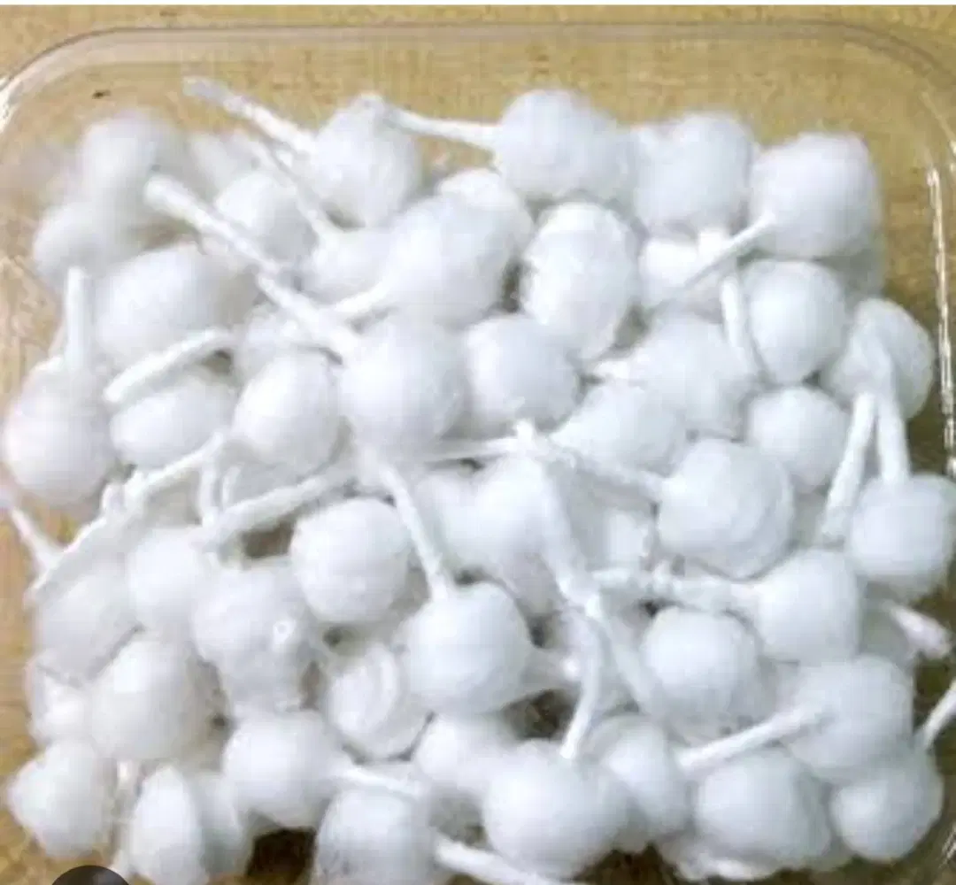 Tray filled with small white artificial berry stems for floral crafts and decoration