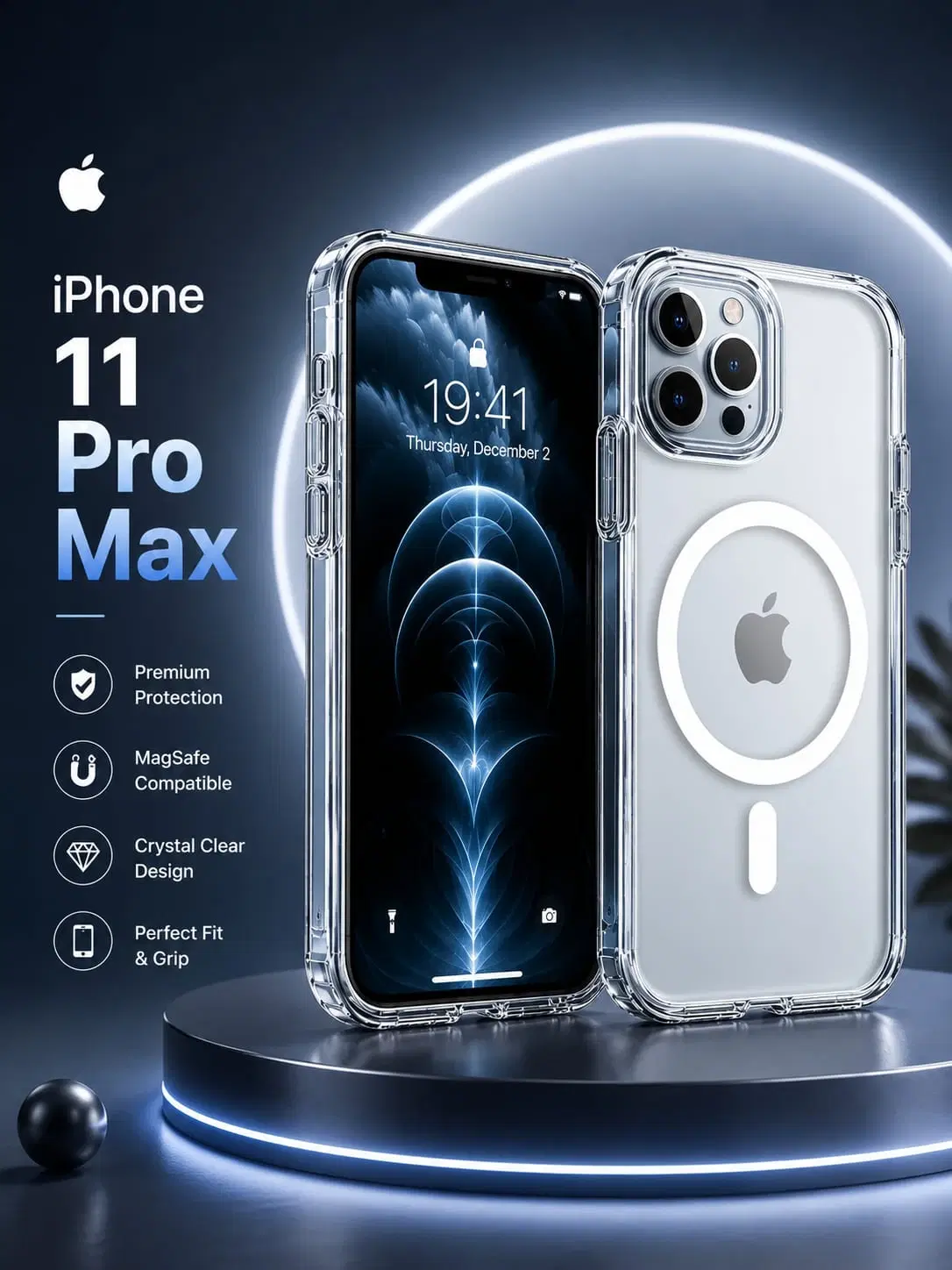 Transparent MagSafe-compatible clear case shown on iPhone 11 Pro Max with reinforced corners