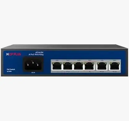 CP Plus 4+2 port AI PoE switch with 4 PoE LAN ports and 2 uplink ports, front panel view