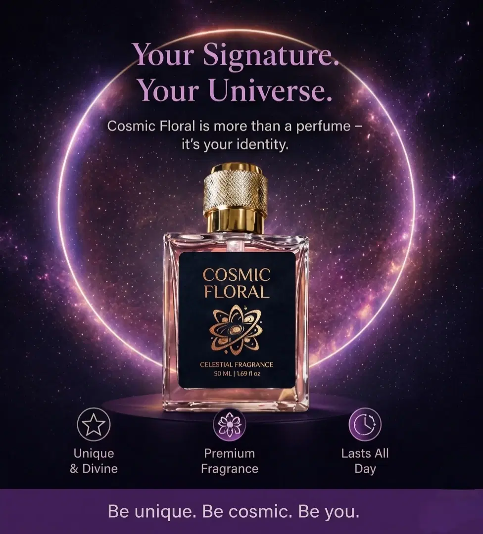 Cosmic Floral perfume bottle with gold cap against a galaxy background, labeled celestial fragrance 50ml