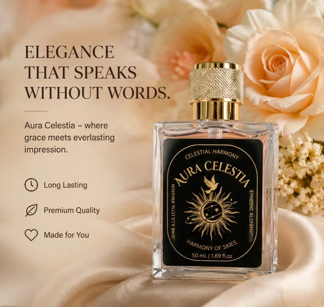 Aura Celestia Celestial Harmony perfume bottle with gold cap on satin fabric and peach roses background