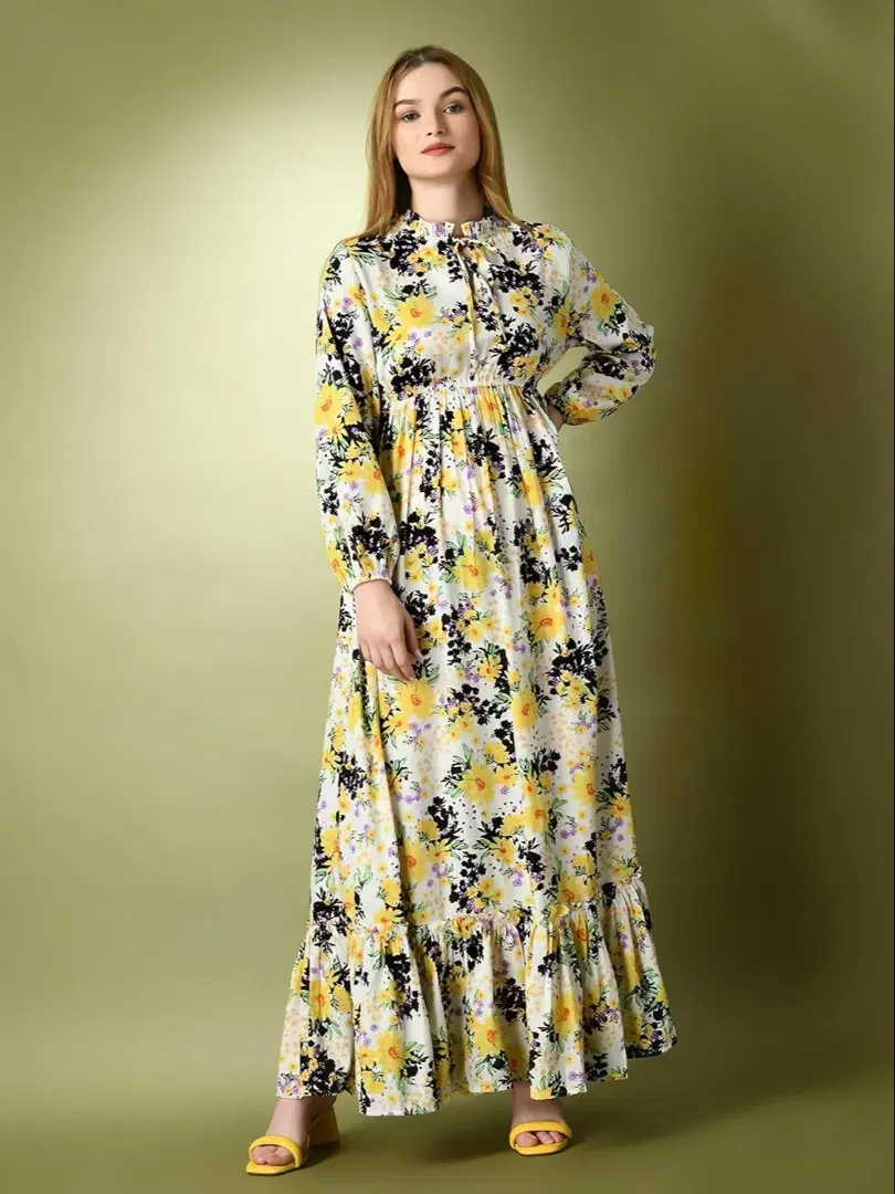 Women's White Floral Print Maxi Dress with Ruffle Hem