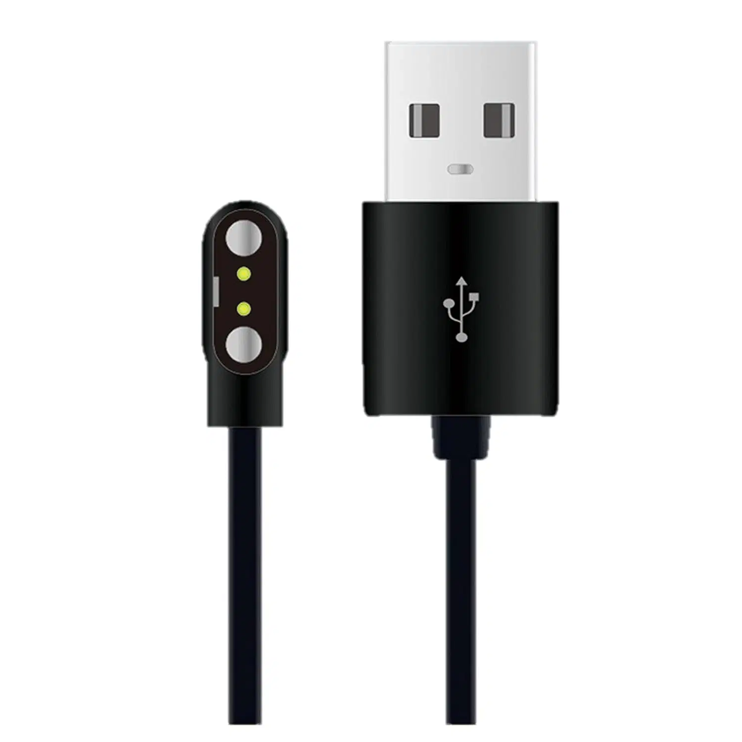 Black USB magnetic charging cable with two-pin smartwatch charging connector