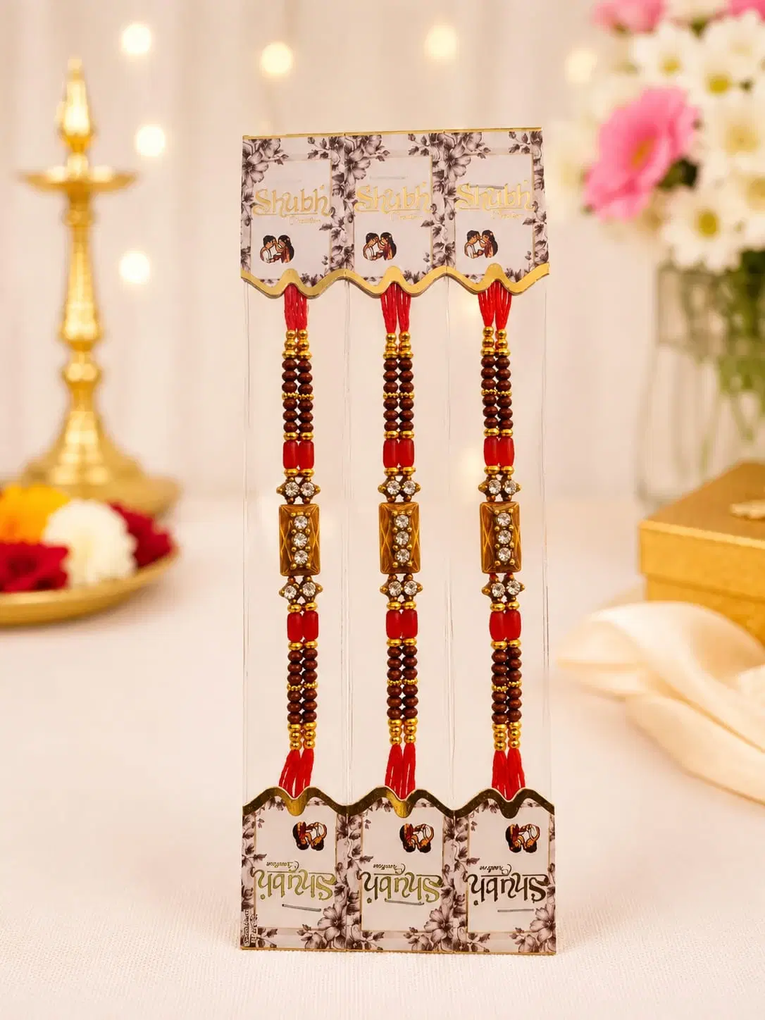 Shubh Wedding Rakhi Set of 3 with Beads and Stone Work