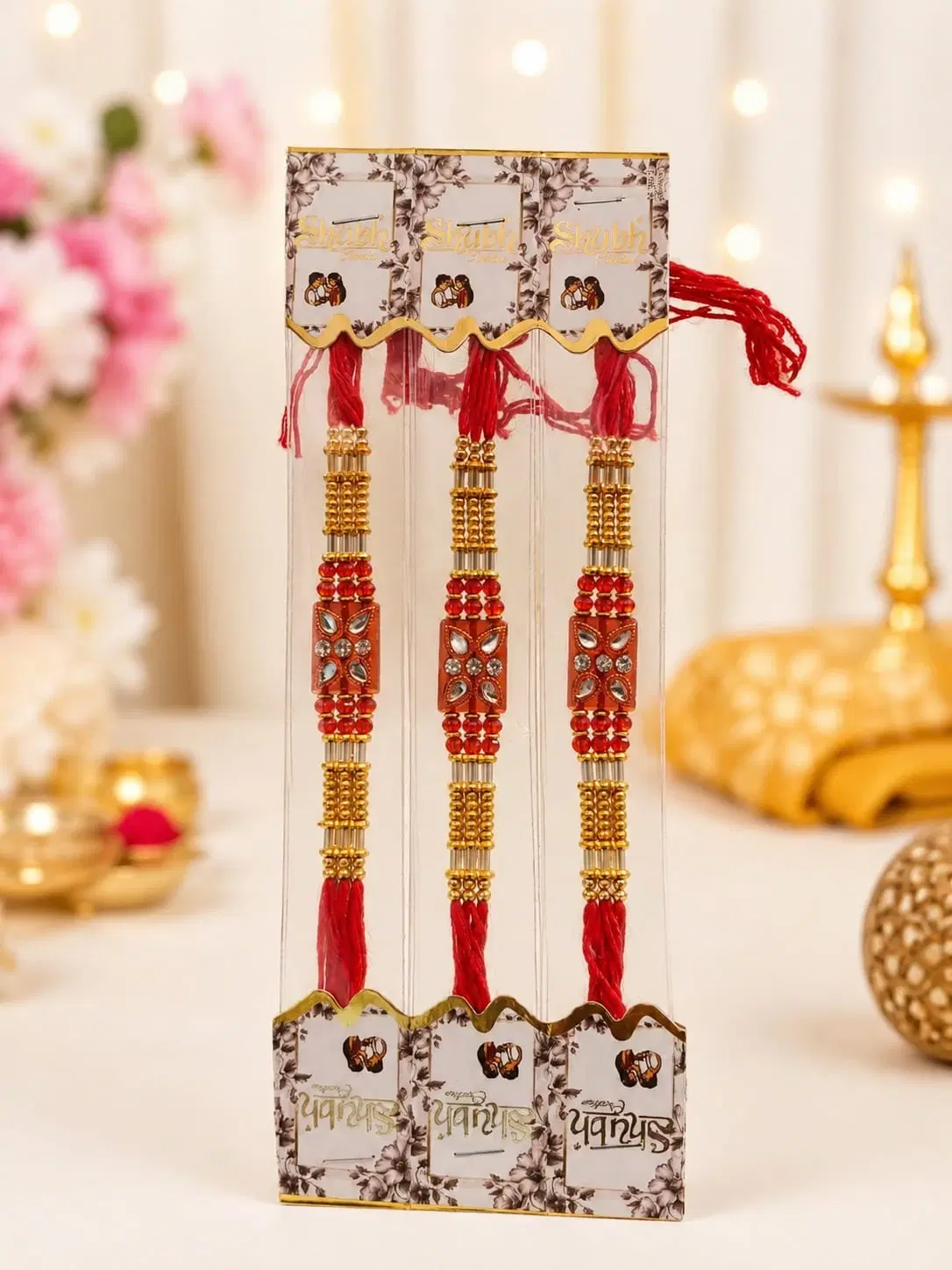 Shubh Designer Rakhi Set of 3 with Beads and Stone Work