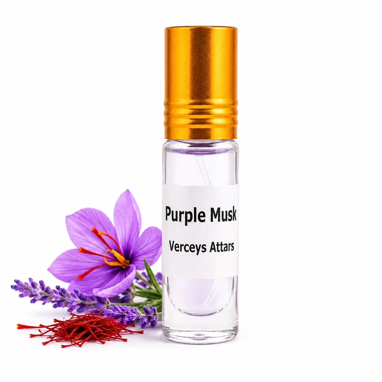 Verceys Attars Purple Musk roll-on perfume bottle with gold cap beside purple flowers and saffron strands