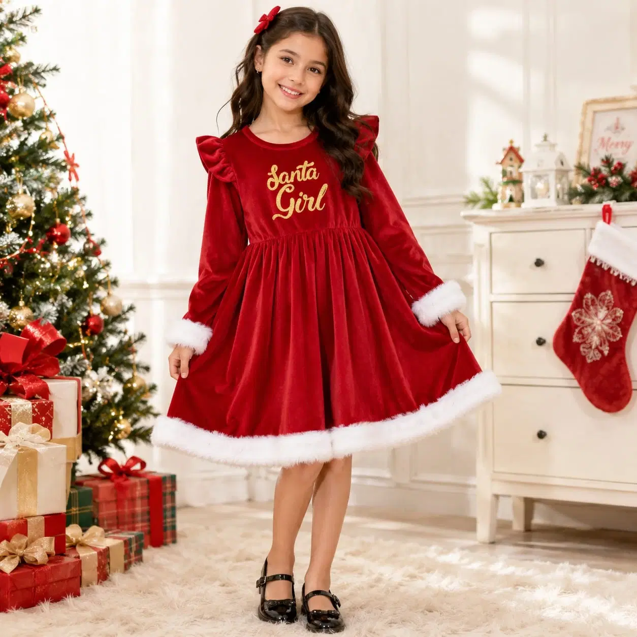Girls Red Velvet Santa Girl Christmas Dress