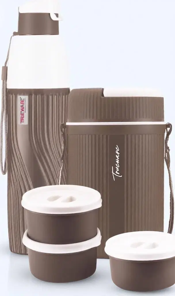 Brown and white insulated bottle, snack jar, and small lidded containers with carry straps