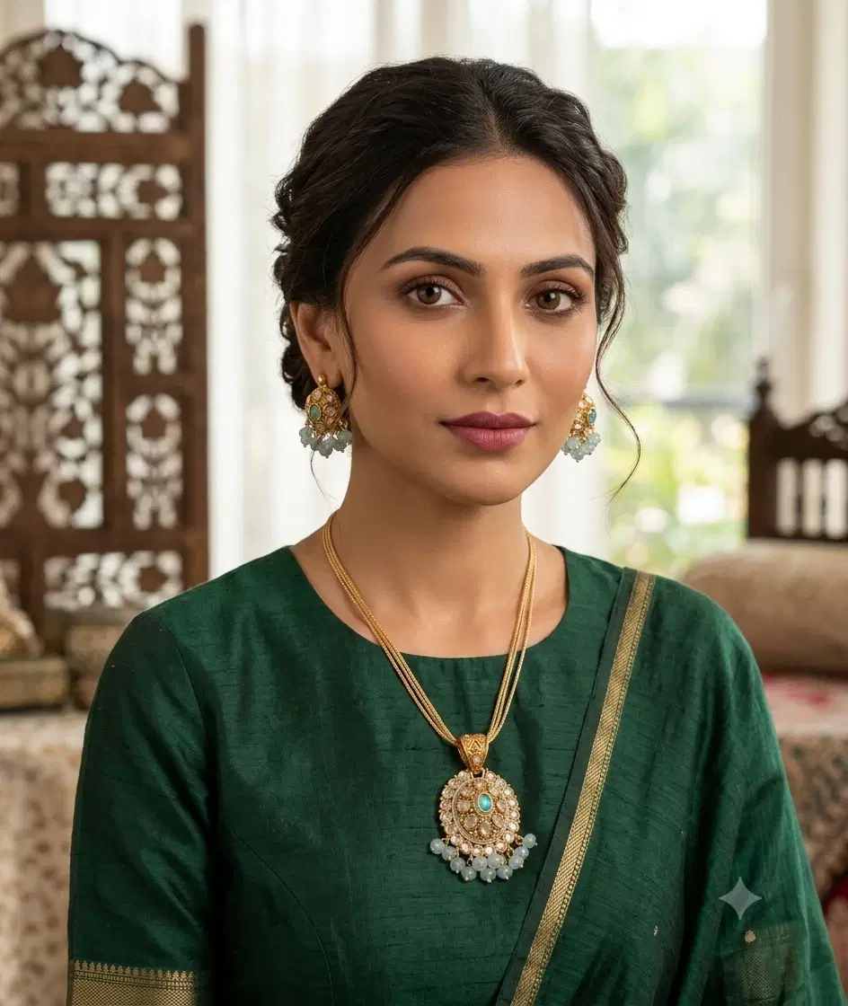 Woman wearing gold-toned kundan pendant necklace with matching earrings and pearl drop details