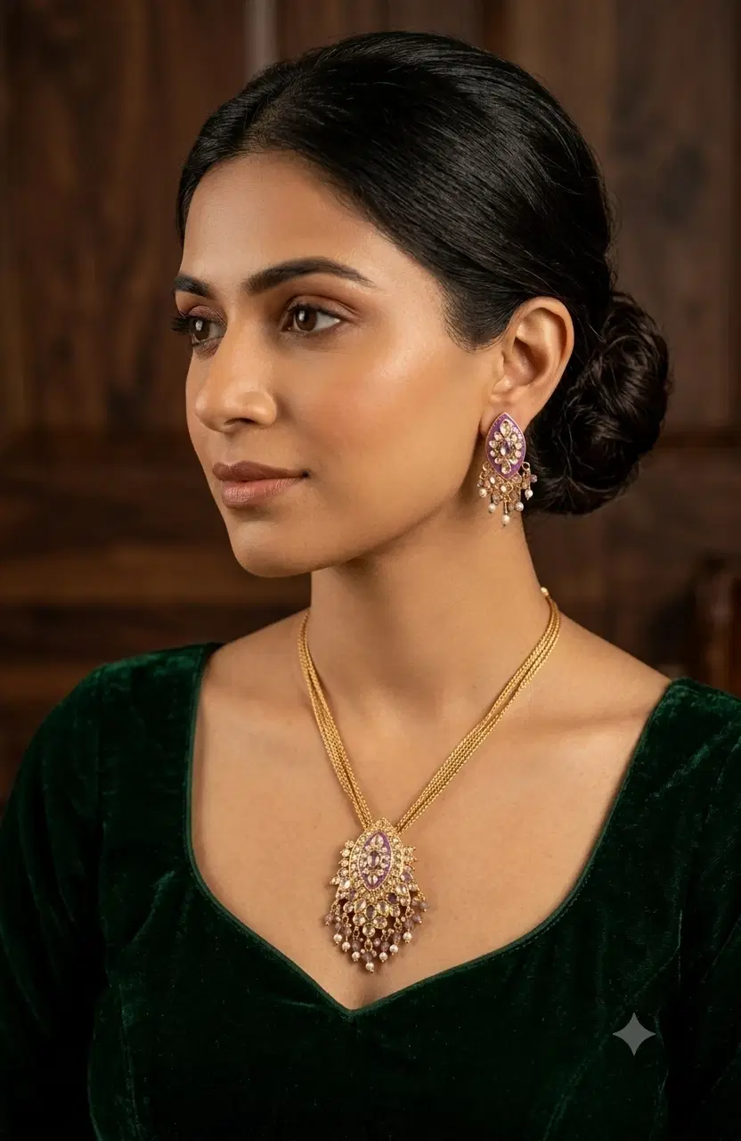 Woman wearing a gold-tone necklace with purple pendant and matching drop earrings