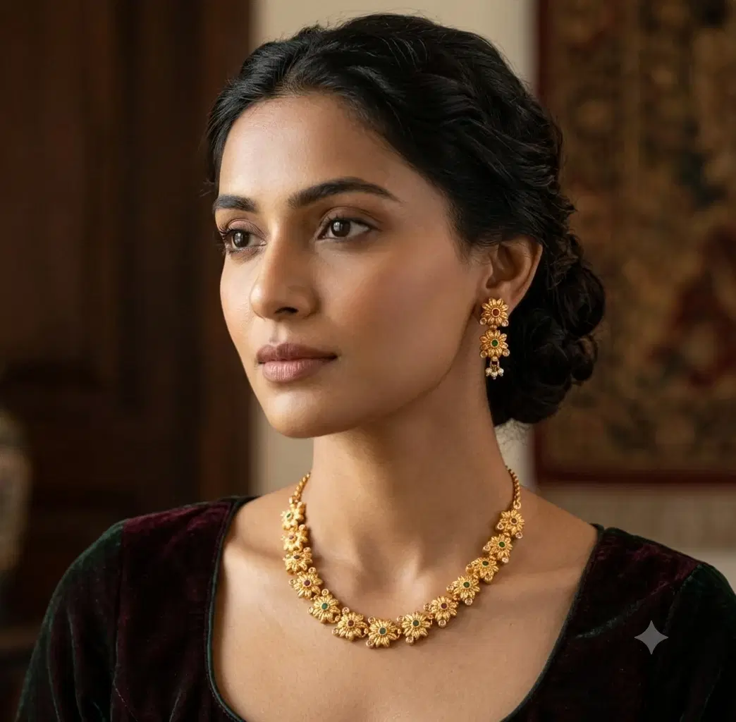 Woman wearing a gold-toned floral necklace with matching drop earrings and colored stone accents
