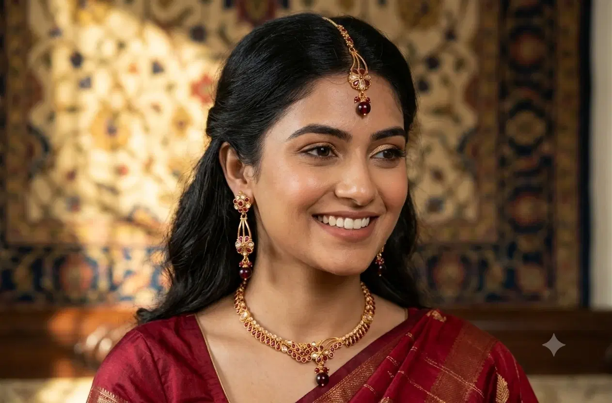 Women’s Traditional Gold-Tone Necklace Set with Maang Tikka and Earrings