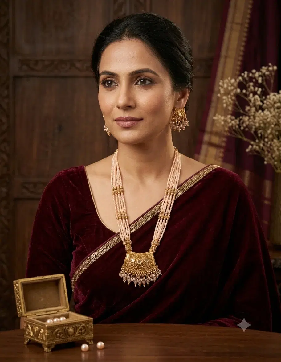 Woman wearing a maroon saree with a beaded pendant necklace and matching gold-tone jhumka earrings