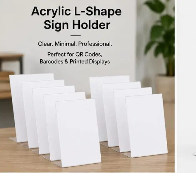 Set of clear acrylic L-shape tabletop sign holders displayed on a wooden surface