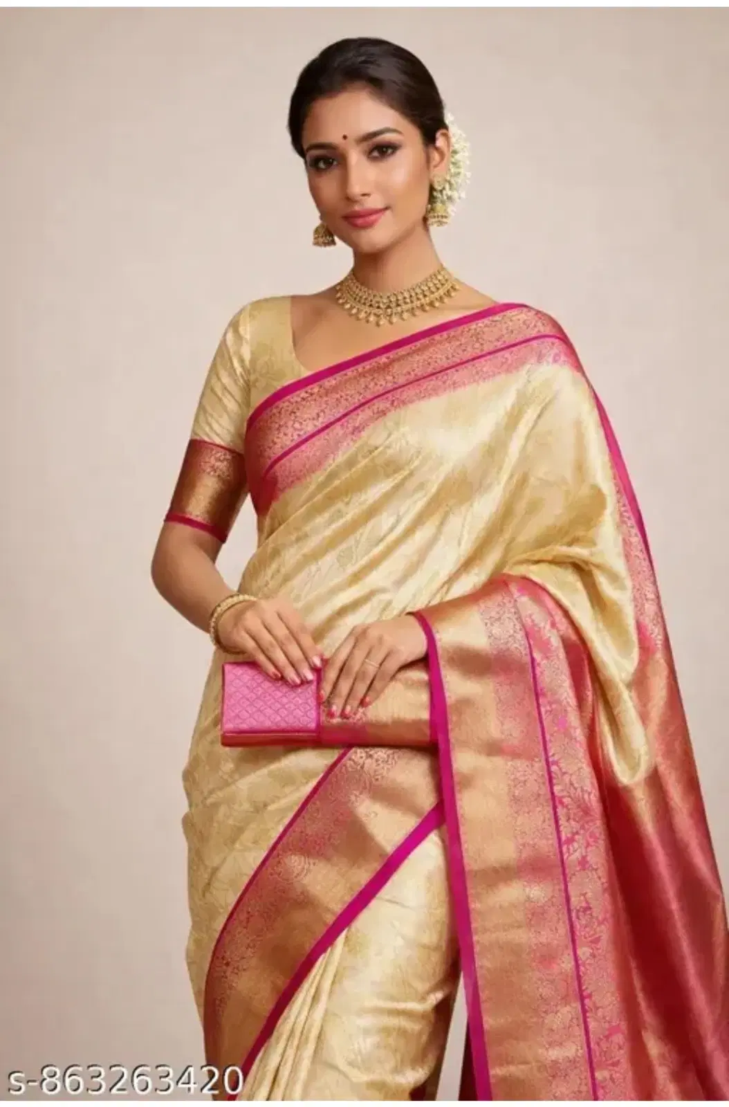 Women's Cream and Pink Silk Saree with Zari Border