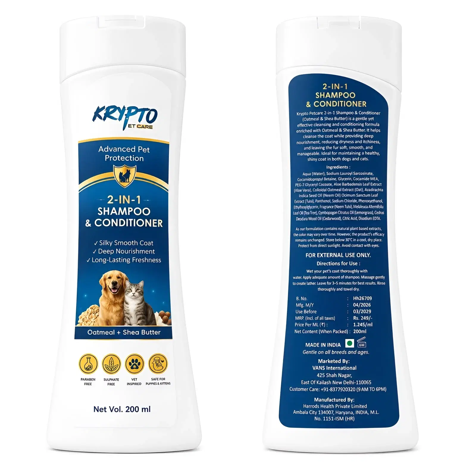 Krypto Pet Care 2-in-1 Shampoo & Conditioner for Dogs and Cats, Oatmeal + Shea Butter, 200 ml