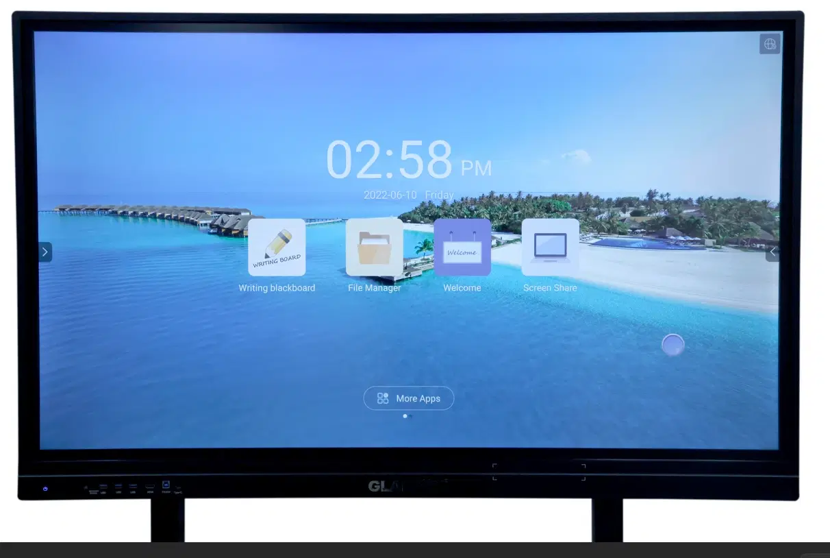 Large black interactive flat panel display showing smart board home screen with writing board and screen share apps
SIZE 65 ANDROID 16 RK3576 AI 8GB RAM 128 GB ROM