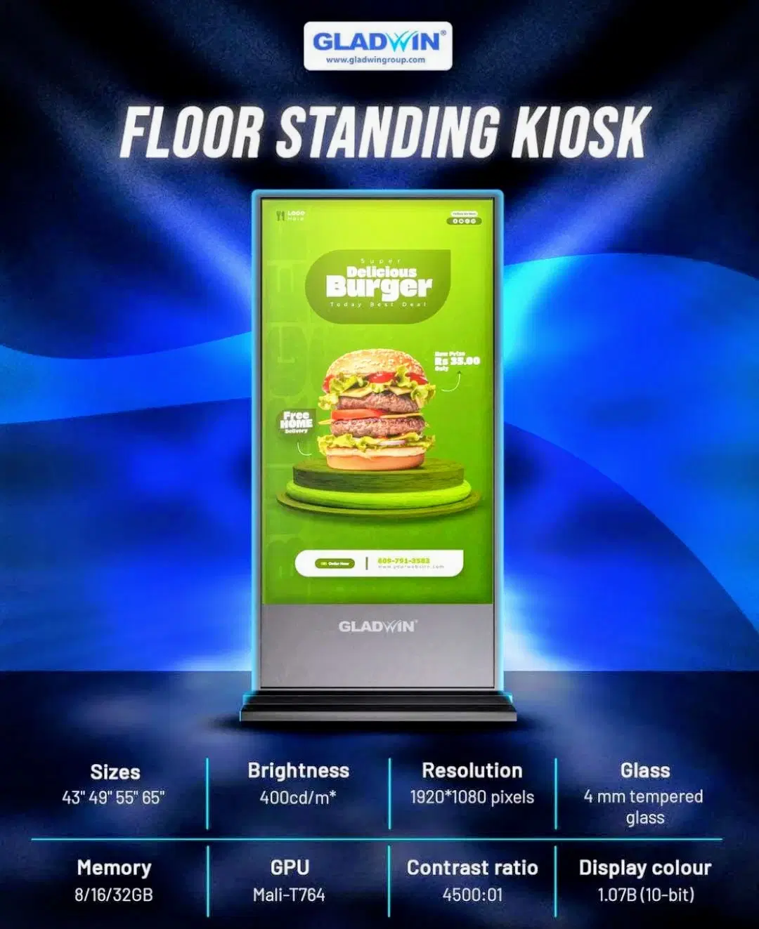 Gladwin floor standing digital signage kiosk with burger advertisement and display specifications
Gladwin Floor Standing Digital Signage Kiosk 55 ANDROID 14.0 RK 3566 4GB/64 GB 