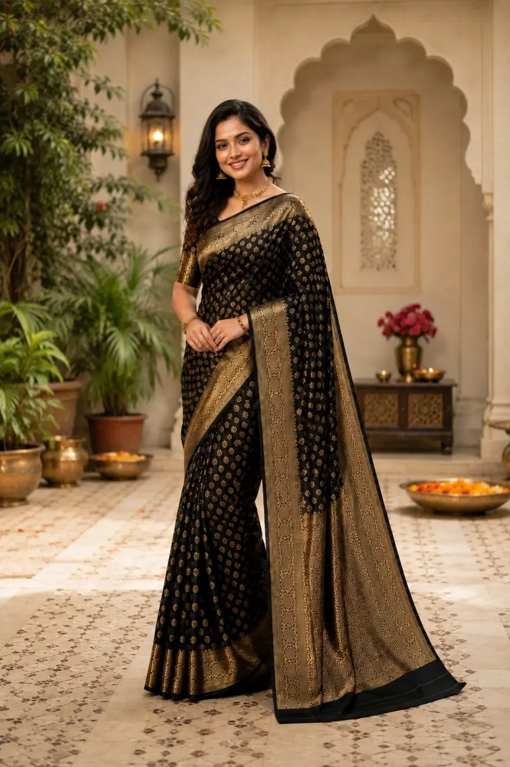 Elegant Black Pure Silk Saree with Heavy Gold Zari Border - Evening Party Wear