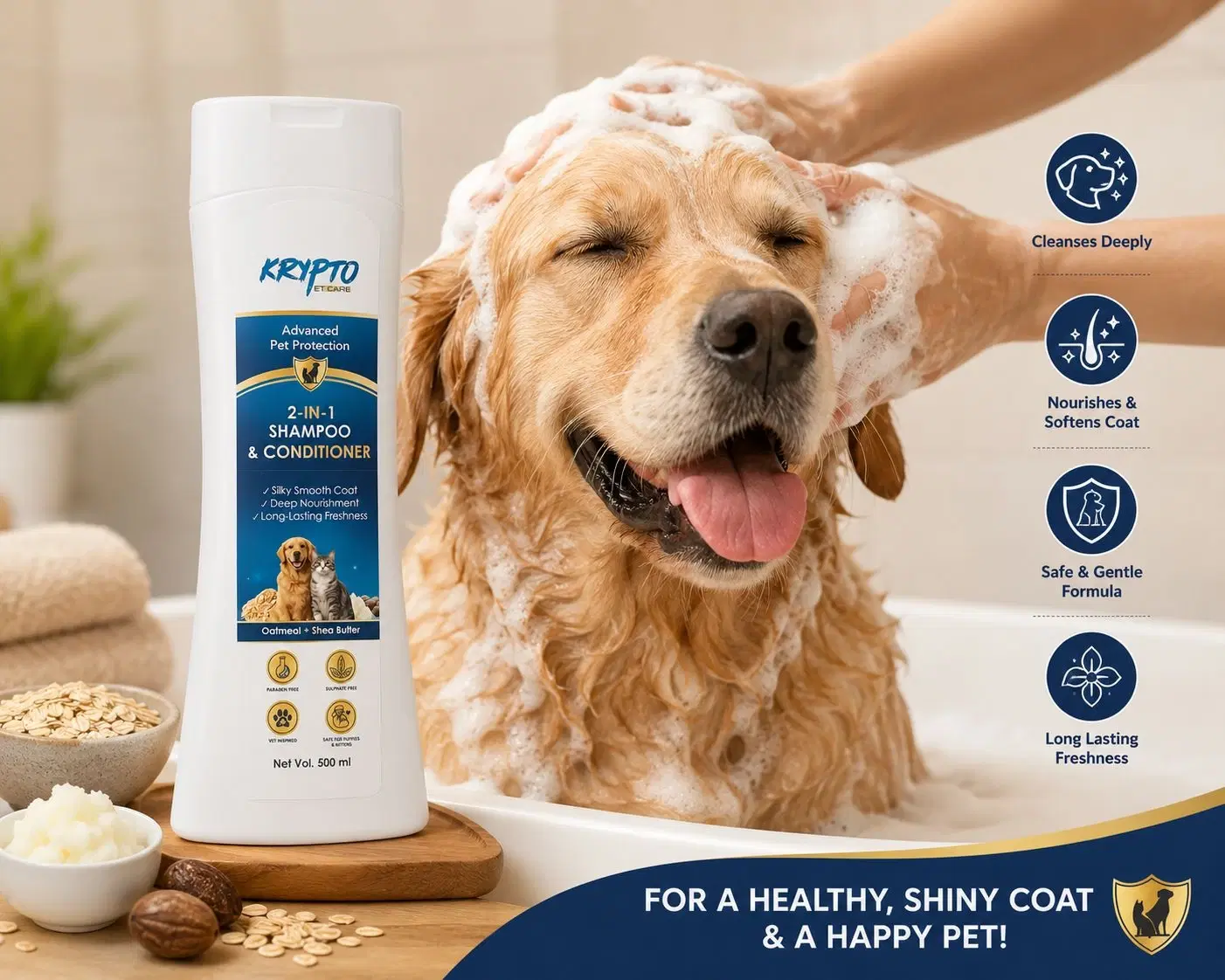 Krypto Pet Care 2-in-1 Pet Shampoo & Conditioner with Oatmeal and Shea Butter, 500 ml