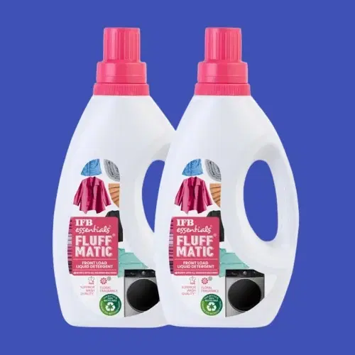 Two white IFB Essentials front load liquid detergent bottles with pink caps