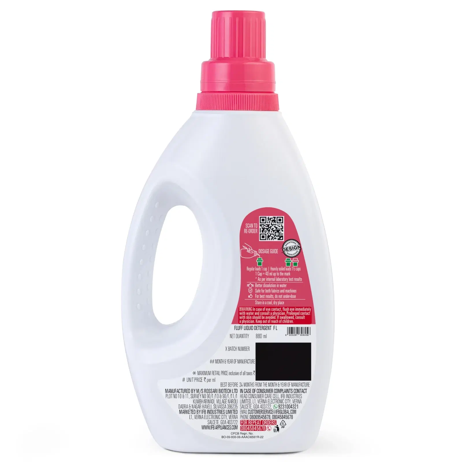  IFB fabric liquid detergent bottle with pink cap, 880 ml